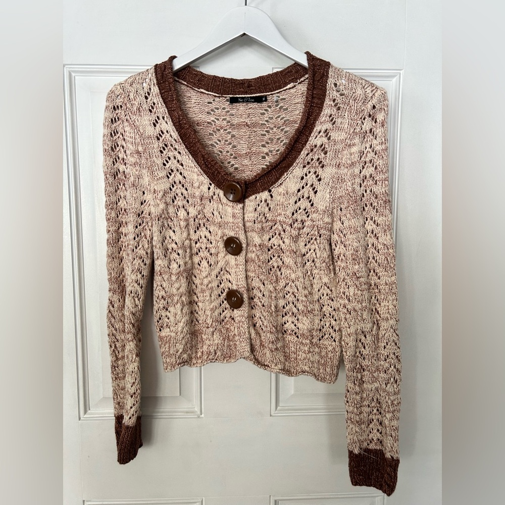NIC+ZOE Textured Knit Cardigan in Cream and Brown